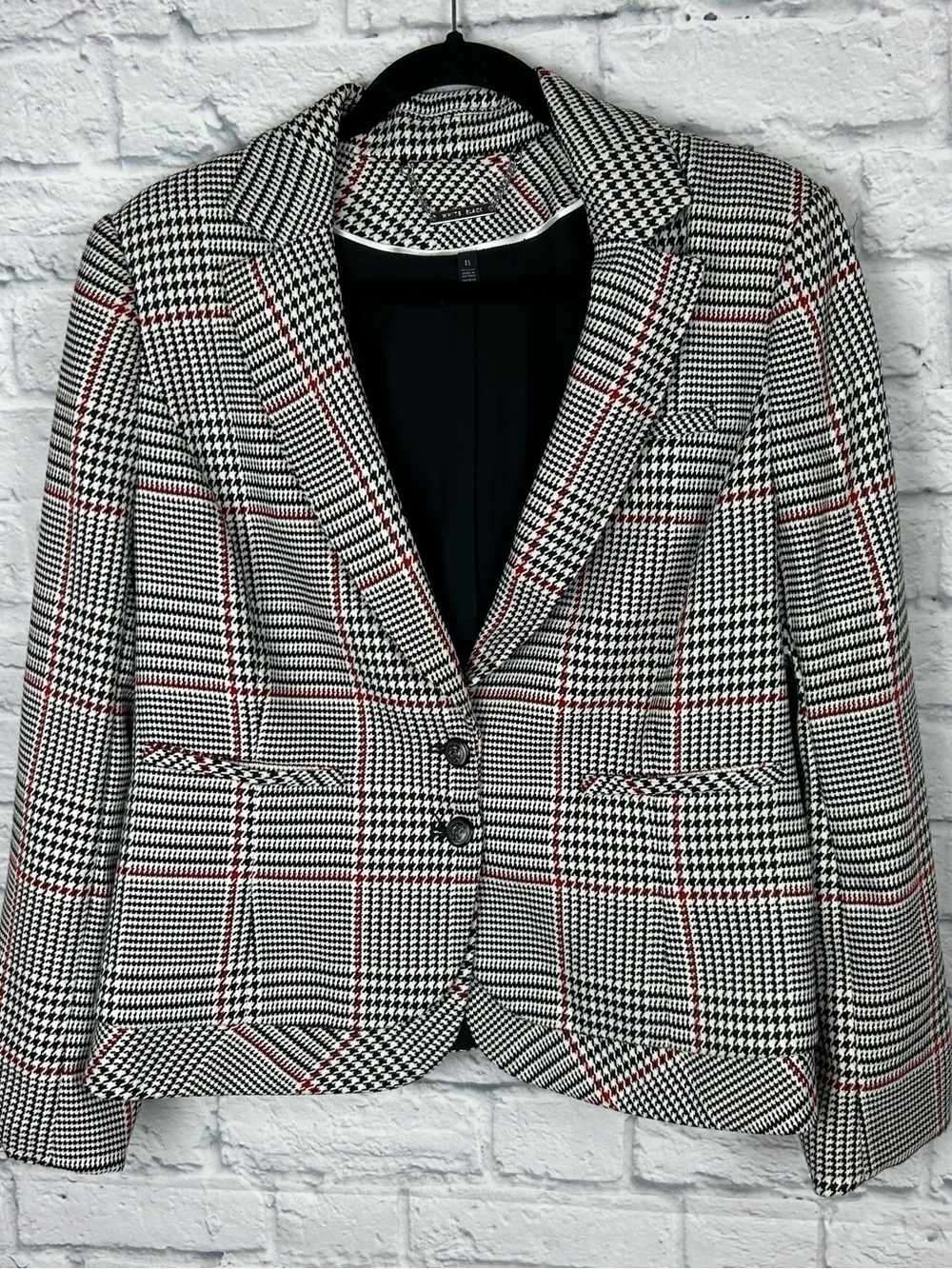 White House Black Market Plaid Houndstooth Blazer Womenâs 14 Red Black